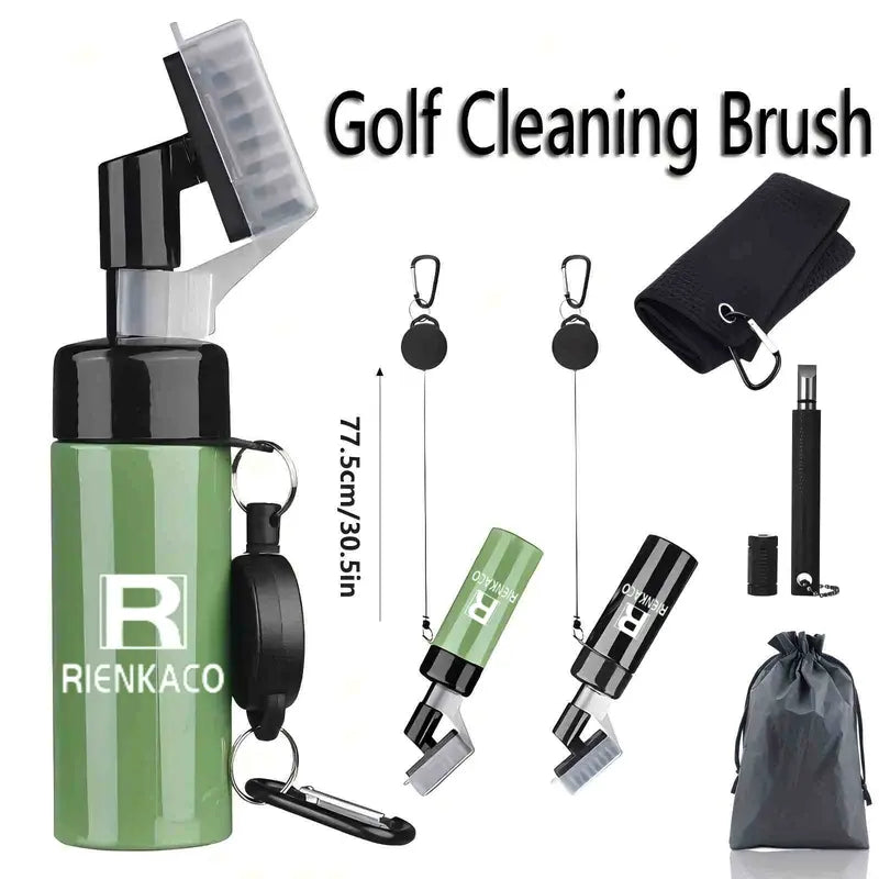 RIENKACO Golf Cleaning Kit Putter-Style Telescopic Club Brush + Microfiber Ball Towel + Groove Scraper Essential Golf Gear Leak-Proof Retractable Buckle with Mountaineering Clip Design Highly Absorbent Towel Ideal Gift Choice