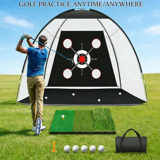 Impact-Resist Oxford Cloth Golf Net - 10X7Ft Portable Golf Training Equipment for Adults with Practice Mat, Multiple Targets, Balls + Tee Inside, Backyard Driving/Chipping, Indoor/Outdoor Dad Gifts