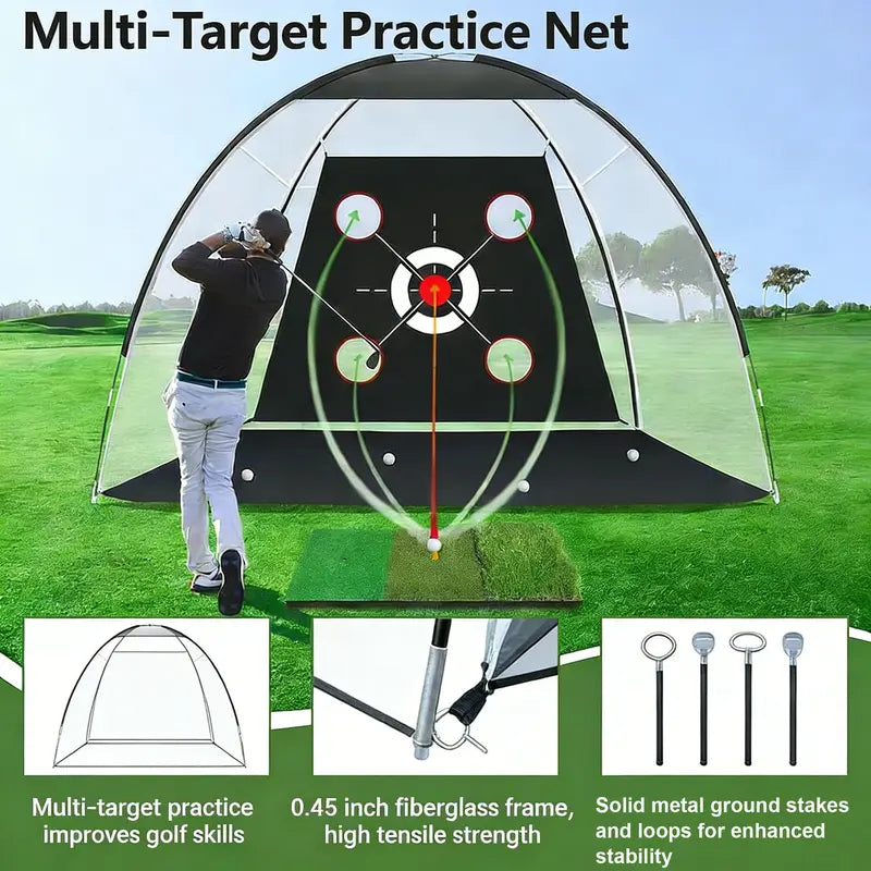 Impact-Resist Oxford Cloth Golf Net - 10X7Ft Portable Golf Training Equipment for Adults with Practice Mat, Multiple Targets, Balls + Tee Inside, Backyard Driving/Chipping, Indoor/Outdoor Dad Gifts