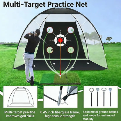 Impact-Resist Oxford Cloth Golf Net - 10X7Ft Portable Golf Training Equipment for Adults with Practice Mat, Multiple Targets, Balls + Tee Inside, Backyard Driving/Chipping, Indoor/Outdoor Dad Gifts
