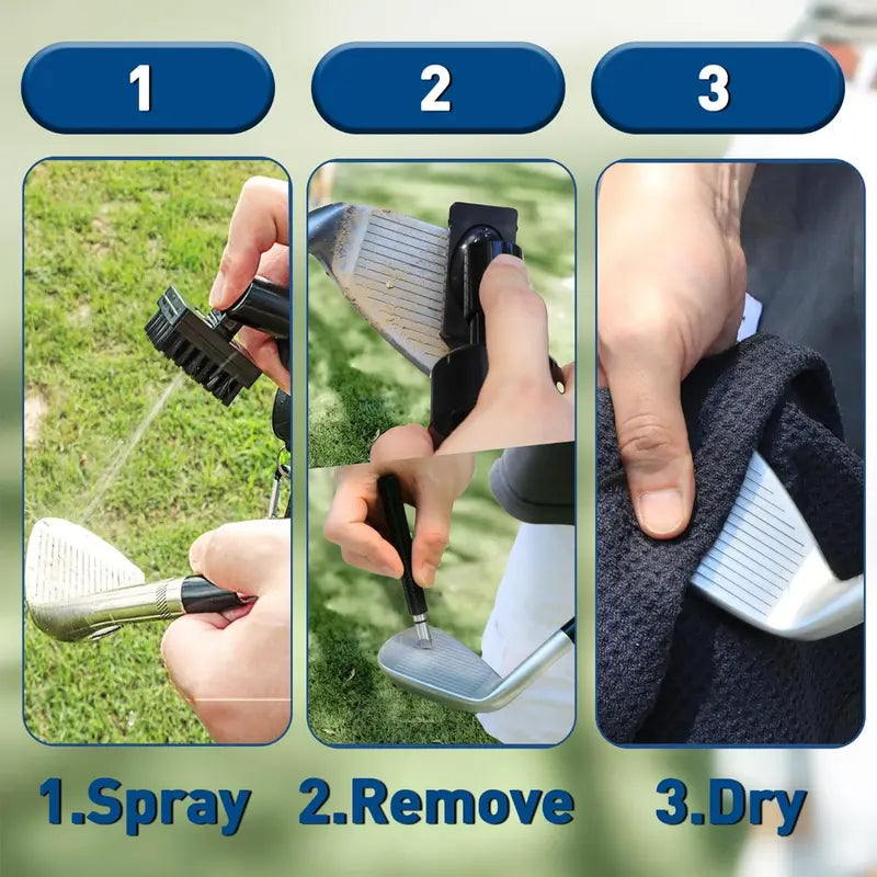 RIENKACO Golf Cleaning Kit Putter-Style Telescopic Club Brush + Microfiber Ball Towel + Groove Scraper Essential Golf Gear Leak-Proof Retractable Buckle with Mountaineering Clip Design Highly Absorbent Towel Ideal Gift Choice
