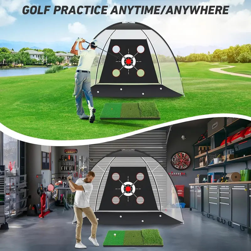 Impact-Resist Oxford Cloth Golf Net - 10X7Ft Portable Golf Training Equipment for Adults with Practice Mat, Multiple Targets, Balls + Tee Inside, Backyard Driving/Chipping, Indoor/Outdoor Dad Gifts