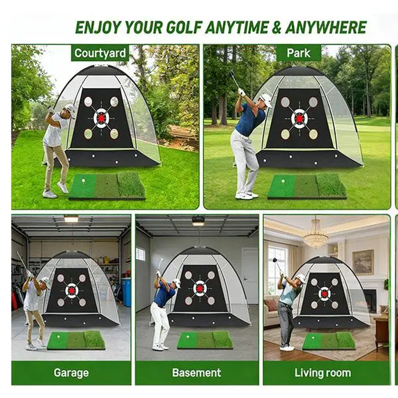 Impact-Resist Oxford Cloth Golf Net - 10X7Ft Portable Golf Training Equipment for Adults with Practice Mat, Multiple Targets, Balls + Tee Inside, Backyard Driving/Chipping, Indoor/Outdoor Dad Gifts